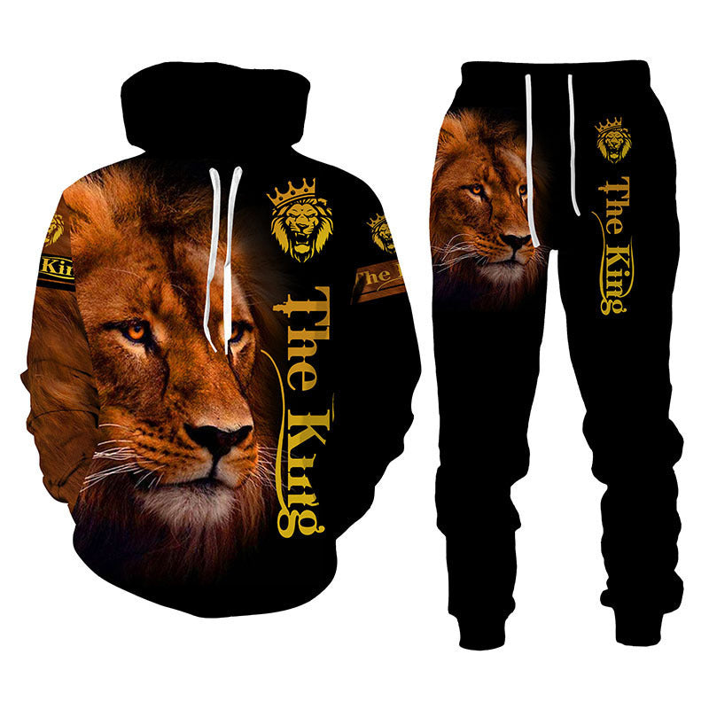 Men Lion Print Hooded Sweatshirt Set
