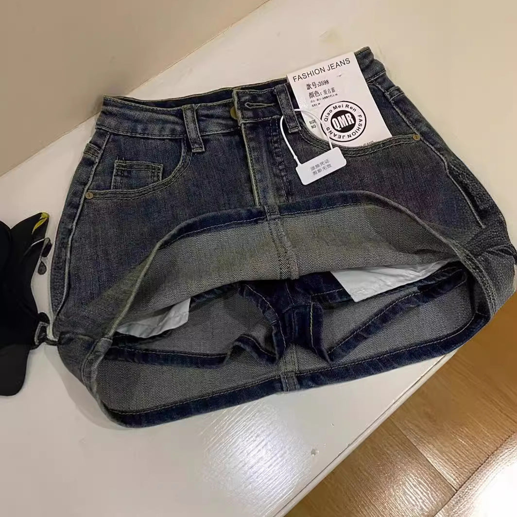 Women Retro Blue High Waist Denim Skort