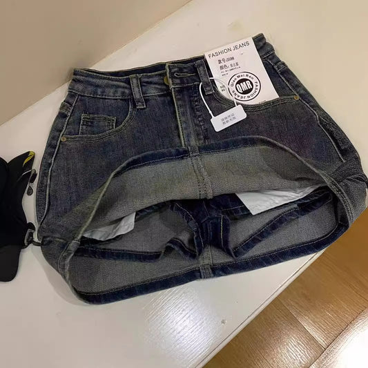 Women Retro Blue High Waist Denim Skort