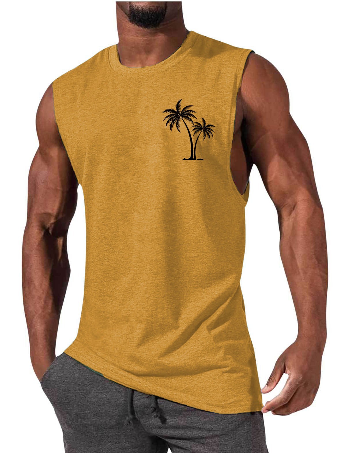 Men Coconut Tree Embroidery Summer Beach Muscle Tank