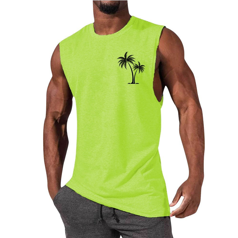 Men Coconut Tree Embroidery Summer Beach Muscle Tank