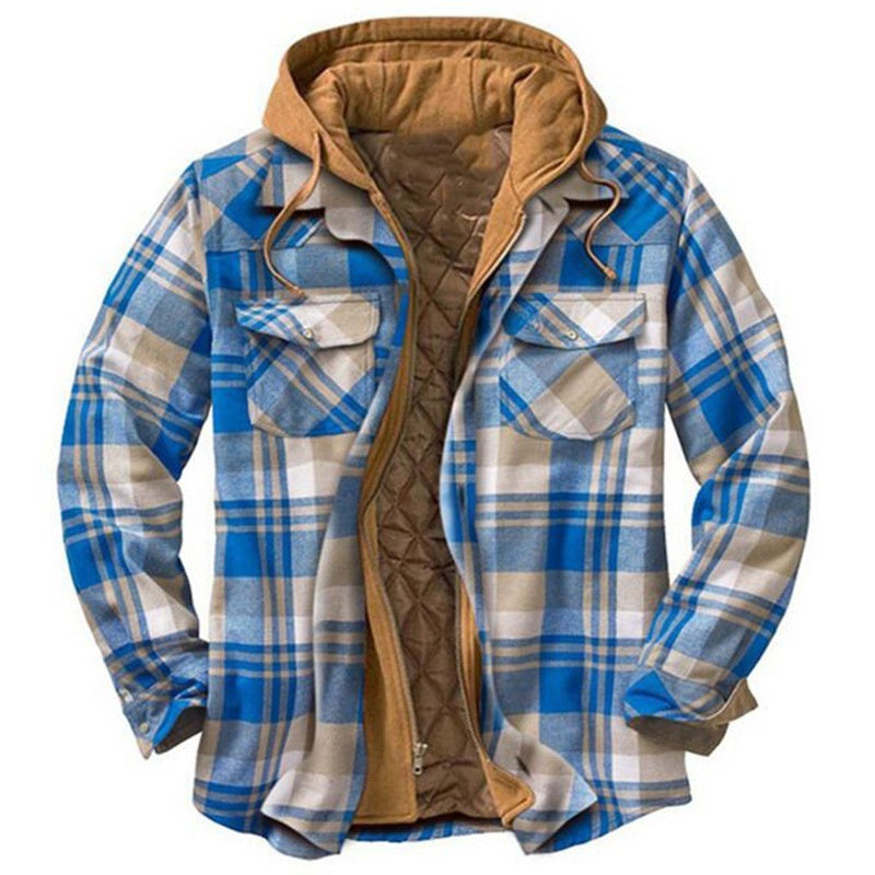 Men's Casual Check Long Sleeve Hooded Jacket