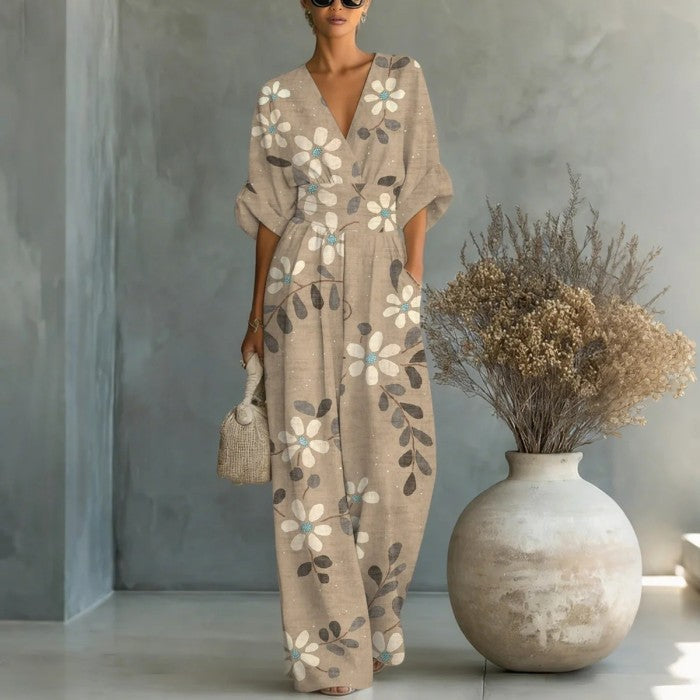 Women Waist-cinched Printed Jumpsuit
