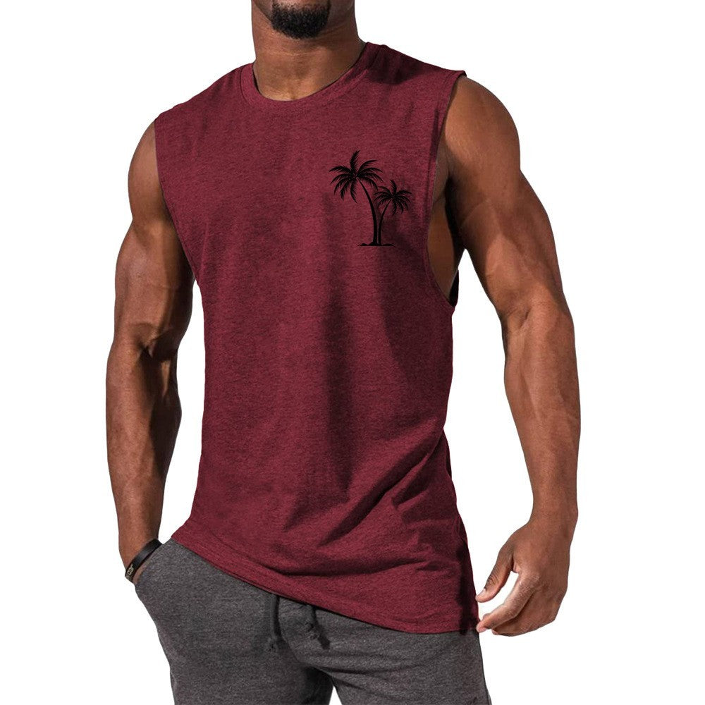 Men Coconut Tree Embroidery Summer Beach Muscle Tank