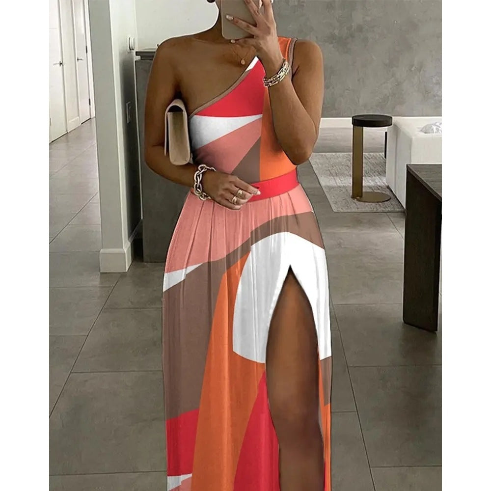 Women Colorblock Shoulder Maxi Dress