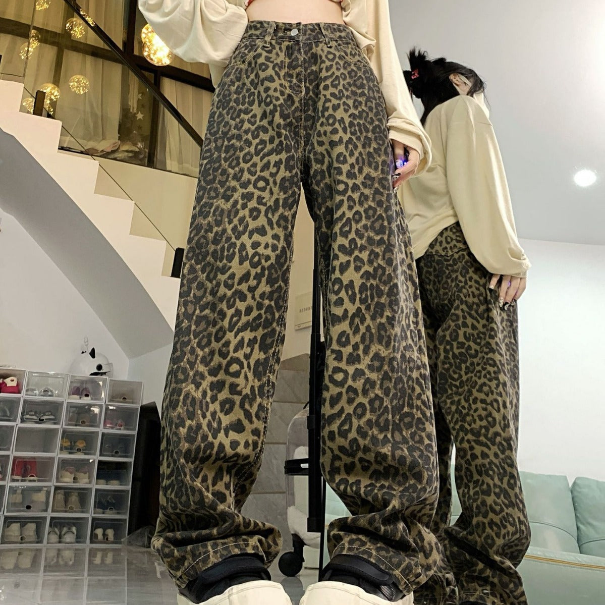 Women's Autumn Leopard American Retro Loose Trousers