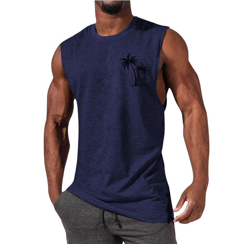 Men Coconut Tree Embroidery Summer Beach Muscle Tank