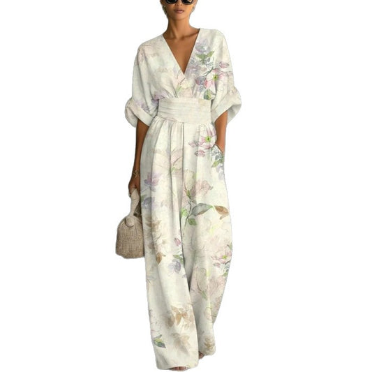 Women Waist-cinched Printed Jumpsuit