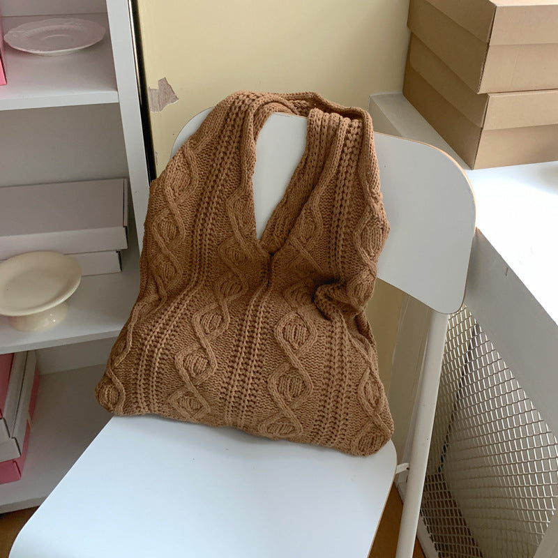 Women Retro Hollow Knitted Shoulder Tote Bag