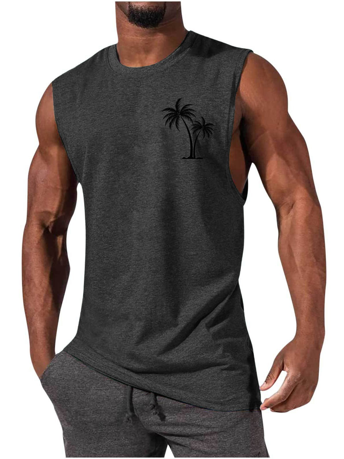 Men Coconut Tree Embroidery Summer Beach Muscle Tank
