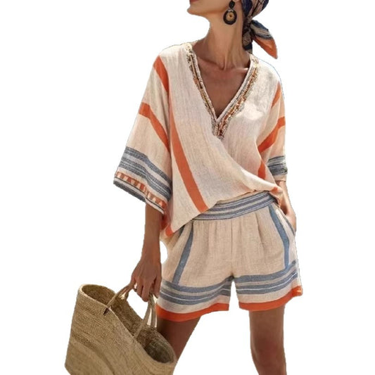 Women Vacation Linen Shorts Set