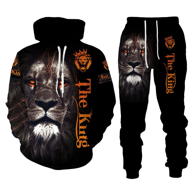 Men Lion Print Hooded Sweatshirt Set