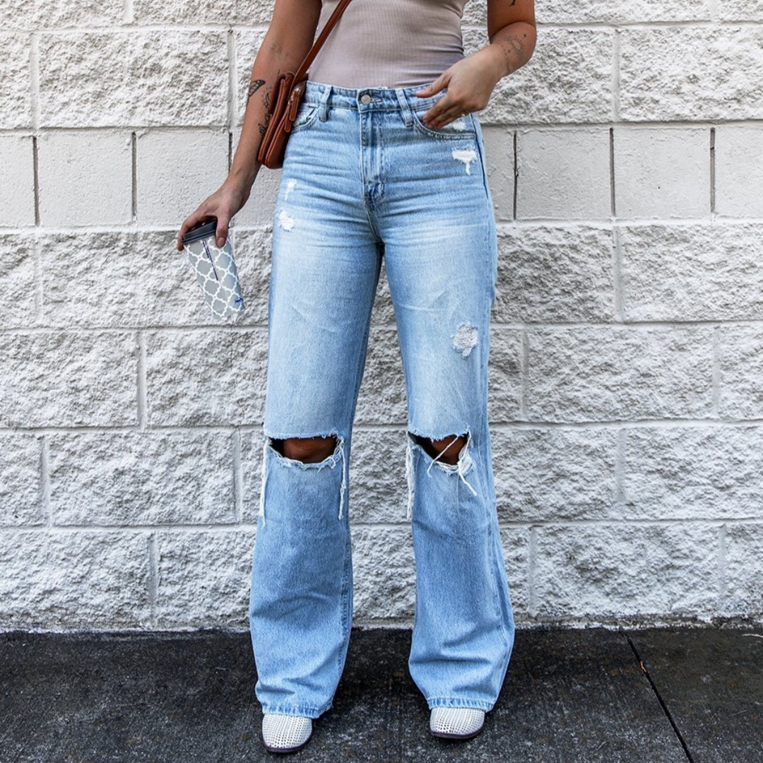 Women's American Retro Ripped High Waist  Boot-cut Pants