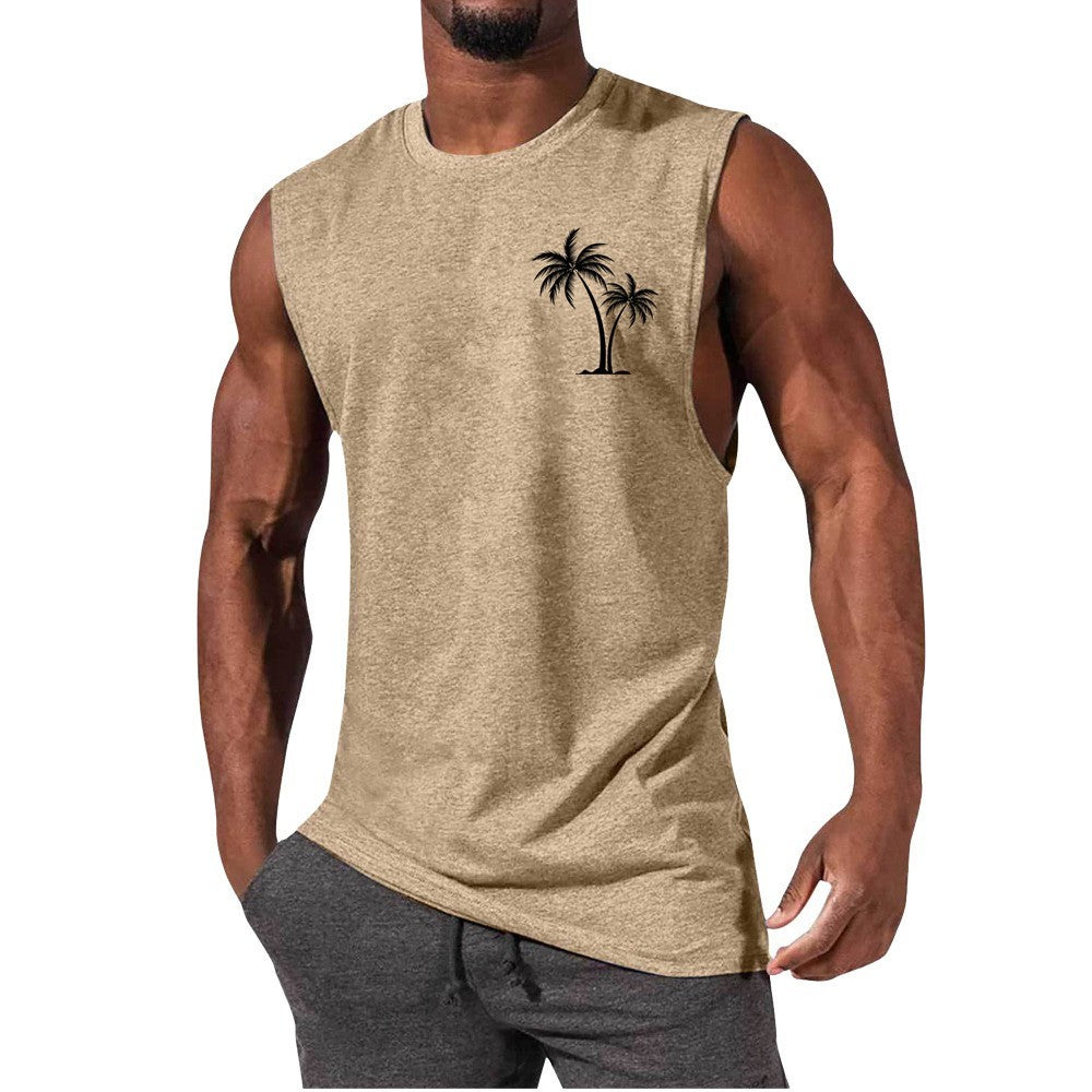 Men Coconut Tree Embroidery Summer Beach Muscle Tank